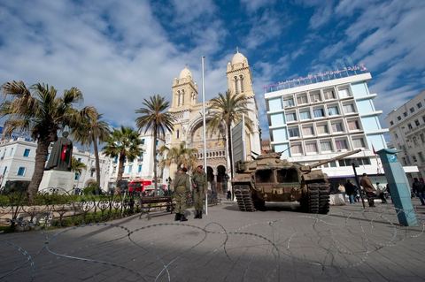 The Tunisian Army and soldiers on Habib Bourguiba Avenue in Tunis