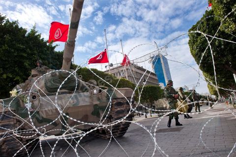 The Tunisian Army and soldiers on Habib Bourguiba Avenue in Tunis