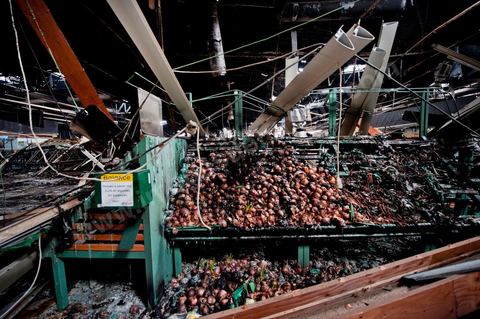 February 8: The interior of the Géant hypermarket and its aisles were completely burned, and part of the ceiling collapsed. The Tunis City shopping center and the Géant hypermarket in Tunis. After being looted, destroyed, and burned on the night of January 14, cleanup and reconstruction efforts have begun; 10 months of work and reconstruction are expected before it reopens.