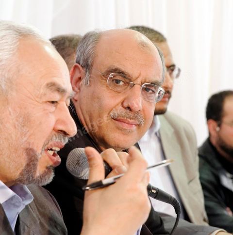 7 février : Rached Ghannouchi et Hamadi Jebali à la Conférence de presse du parti religieux Annadha pour la presentation par Rached Ghannouchi des nouveaux memebres du bureau du conseil du parti élu le 6 février