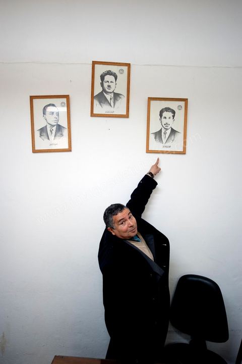 March 12, 2011: A member of the UGGT shows us, in his office, historical portraits of the great Tunisian labor leaders: the pioneer of the Tunisian labor movement: Mr. Ali El Hammi (on the right), the founder, Mr. Farhat Hached (in the center), and the great resistance fighter and historic general secretary, Mr. Ahmed Tlili (on the left). At the heart of the UGTT (Tunisian General Labor Union), its historic headquarters on Mohamed Ali Square in Tunis.