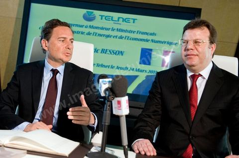 Visite de Eric Besson, ministre chargé de l'Industrie, de l'Énergie et de l'Économie numérique, au Technocentre de Telnet aux Berges du Lac à Tunis en compagnie de Boris Boillon, Ambassadeur de France en Tunisie et M. Mohamed Frikha, PDG de Telnet. TELNET un groupe de sociétés tunisien spécialisé dans le conseil dans l'innovation et les hautes technologies. Crée en 1994, TELNET est rapidement devenu leader dans son cœur de métier à l’échelle nationale dans les secteurs d'activités du Transport & Automotive, Défense & Avionique, Sécurité & carte à puce, Industrie, Systèmes d’information.