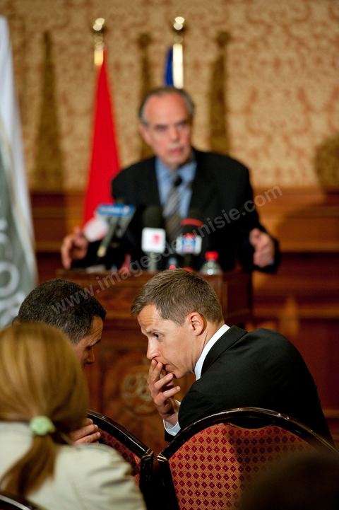 3 avril 2011 : Conférence de presse de Frédéric Mitterrand, Ministre de la Culture et de la Communication,  lors de sa première visite de travail en Tunisie après la Révolution tunisienne et Boris Boillon, ambassadeur de France en Tunisie.