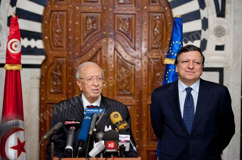 José Manuel Barroso met with Mr. Caïd Béji Essebsi, Tunisia’s interim prime minister, at the Prime Minister’s Office in al Kasbah, Tunis, during the visit to Tunisia by José Manuel Barroso, President of the European Commission, on Tuesday, April 12, 2011. He traveled to Tunis to lay the groundwork for cooperation “contingent” on halting illegal immigration to Europe and to support Tunisia’s political and democratic progress since the Revolution.