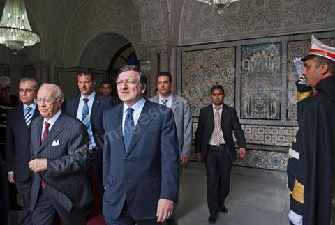 José Manuel Barroso met with Mr. Caïd Béji Essebsi, Tunisia’s interim prime minister, at the Prime Minister’s Office in al Kasbah, Tunis, during the visit to Tunisia by José Manuel Barroso, President of the European Commission, on Tuesday, April 12, 2011. He traveled to Tunis to lay the groundwork for cooperation “contingent” on halting illegal immigration to Europe and to support Tunisia’s political and democratic progress since the Revolution.