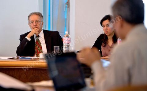 Meeting of the Committee of Experts of the High Authority for the Achievement of the Objectives of the Revolution, Political Reform, and Democratic Transition (HIRORRPTD) at their office in preparation for Wednesday’s assembly. The meeting is chaired by Yadh Ben Achour.