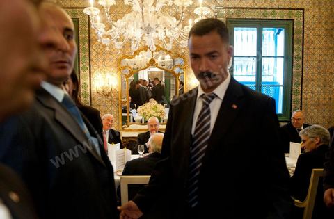 January 20, 2011: Alain Juppé at a luncheon with the acting Tunisian Prime Minister, Mr. Béji Caïd Essebsi and the Tunisian Minister of Foreign Affairs in the medina of Tunis during the visit of Mr. Alain Juppé, French Minister of Foreign Affairs, to Tunisia.