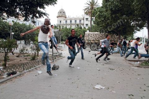 May 7, 2011: Clashes broke out between protesters and police near the main train station in Tunis, on Barcelona Square, with the army attempting to calm both sides. Police fired tear gas and warning shots at the protesters.