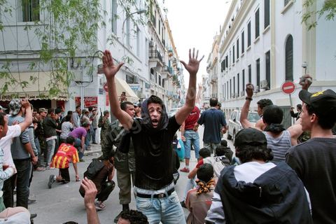 May 7, 2011: Clashes broke out between protesters and police near the main train station in Tunis, on Barcelona Square, with the army attempting to calm both sides. Police fired tear gas and warning shots at the protesters.