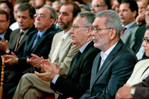 June 8, 20011: Kamel Jendoubi, president of the electoral commission, and Yadh Ben Achour, president of the High Authority for the Protection of the Revolution, at Béji Caïd Essebsi’s press conference announcing the date of the constituent assembly elections—October 23—in the presence of members of the government, representatives of political parties, and the press. 