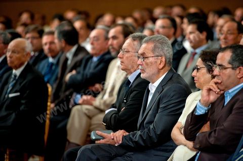 June 8, 20011: Kamel Jendoubi, president of the electoral commission, and Yadh Ben Achour, president of the High Authority for the Protection of the Revolution, at Béji Caïd Essebsi’s press conference announcing the date of the constituent assembly elections—October 23—in the presence of members of the government, representatives of political parties, and the press. 