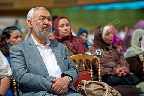 13 août 2011 : Rached Ghannouchi à la Commération par le parti Ennahda de la Fête de la Femme et du Code du Statut personnel tunisien au Palais des Congrés de Tunis, avec discours de Farida Laabidi, militante, de Rached Ghannouchi, fondateur et chef du parti Ennahda, ainsi que Psycho-M, rappeur fortement engagé dans ses propos islamistes. Rached Ghannouchi annonce la volonté de ne pas inscrire la polygamie dasn la prochaine élection, la Tunisie n'ayant pas les moyens pour cela ...
