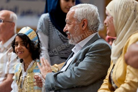 13 août 2011 : Rached Ghannouchi à la Commération par le parti Ennahda de la Fête de la Femme et du Code du Statut personnel tunisien au Palais des Congrés de Tunis, avec discours de Farida Laabidi, militante, de Rached Ghannouchi, fondateur et chef du parti Ennahda, ainsi que Psycho-M, rappeur fortement engagé dans ses propos islamistes. Rached Ghannouchi annonce la volonté de ne pas inscrire la polygamie dasn la prochaine élection, la Tunisie n'ayant pas les moyens pour cela ...