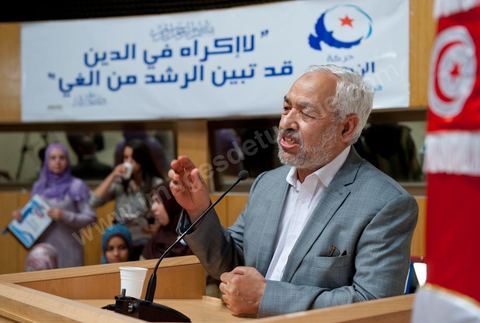 13 août 2011 : Rached Ghannouchi à la Commération par le parti Ennahda de la Fête de la Femme et du Code du Statut personnel tunisien au Palais des Congrés de Tunis, avec discours de Farida Laabidi, militante, de Rached Ghannouchi, fondateur et chef du parti Ennahda, ainsi que Psycho-M, rappeur fortement engagé dans ses propos islamistes. Rached Ghannouchi annonce la volonté de ne pas inscrire la polygamie dasn la prochaine élection, la Tunisie n'ayant pas les moyens pour cela ...