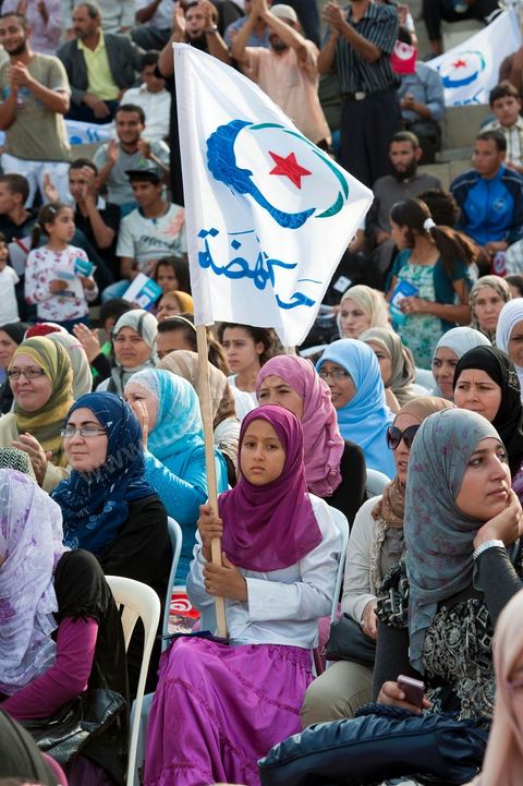 October 1, 2011, in Sidi Bouzid: A large rally organized by the Ennahdha Party to mark the first day of the campaign for the Constituent Assembly election on October 23. The Islamist Ennahdha Party chose Sidi Bouzid—the symbolic city of the revolution—as the site for its first campaign rally, attended by party leader Rached Ghannouchi, members of the party’s Executive Bureau, and several candidates from various regions across the country.