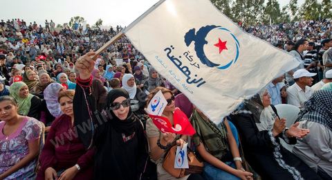 October 1, 2011, in Sidi Bouzid: A large rally organized by the Ennahdha Party to mark the first day of the campaign for the Constituent Assembly election on October 23. The Islamist Ennahdha Party chose Sidi Bouzid—the symbolic city of the revolution—as the site for its first campaign rally, attended by party leader Rached Ghannouchi, members of the party’s Executive Bureau, and several candidates from various regions across the country.