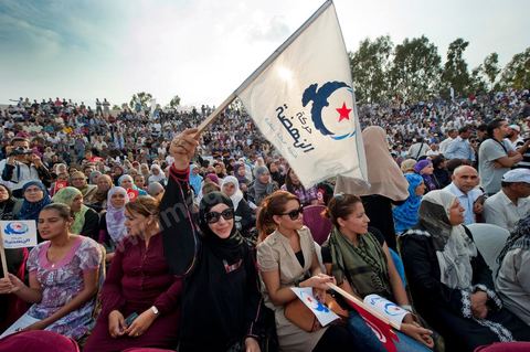 October 1, 2011, in Sidi Bouzid: A large rally organized by the Ennahdha Party to mark the first day of the campaign for the Constituent Assembly election on October 23. The Islamist Ennahdha Party chose Sidi Bouzid—the symbolic city of the revolution—as the site for its first campaign rally, attended by party leader Rached Ghannouchi, members of the party’s Executive Bureau, and several candidates from various regions across the country.