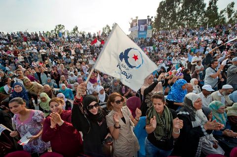 October 1, 2011, in Sidi Bouzid: A large rally organized by the Ennahdha Party to mark the first day of the campaign for the Constituent Assembly election on October 23. The Islamist Ennahdha Party chose Sidi Bouzid—the symbolic city of the revolution—as the site for its first campaign rally, attended by party leader Rached Ghannouchi, members of the party’s Executive Bureau, and several candidates from various regions across the country.