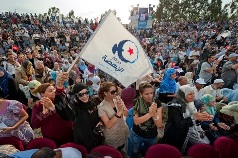 October 1, 2011, in Sidi Bouzid: A large rally organized by the Ennahdha Party to mark the first day of the campaign for the Constituent Assembly election on October 23. The Islamist Ennahdha Party chose Sidi Bouzid—the symbolic city of the revolution—as the site for its first campaign rally, attended by party leader Rached Ghannouchi, members of the party’s Executive Bureau, and several candidates from various regions across the country.