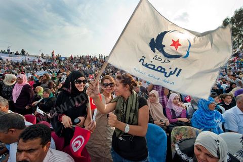 October 1, 2011, in Sidi Bouzid: A large rally organized by the Ennahdha Party to mark the first day of the campaign for the Constituent Assembly election on October 23. The Islamist Ennahdha Party chose Sidi Bouzid—the symbolic city of the revolution—as the site for its first campaign rally, attended by party leader Rached Ghannouchi, members of the party’s Executive Bureau, and several candidates from various regions across the country.