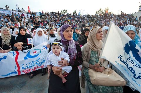 October 1, 2011, in Sidi Bouzid: A large rally organized by the Ennahdha Party to mark the first day of the campaign for the Constituent Assembly election on October 23. The Islamist Ennahdha Party chose Sidi Bouzid—the symbolic city of the revolution—as the site for its first campaign rally, attended by party leader Rached Ghannouchi, members of the party’s Executive Bureau, and several candidates from various regions across the country.