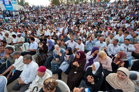 October 1, 2011, in Sidi Bouzid: A large rally organized by the Ennahdha Party to mark the first day of the campaign for the Constituent Assembly election on October 23. The Islamist Ennahdha Party chose Sidi Bouzid—the symbolic city of the revolution—as the site for its first campaign rally, attended by party leader Rached Ghannouchi, members of the party’s Executive Bureau, and several candidates from various regions across the country.