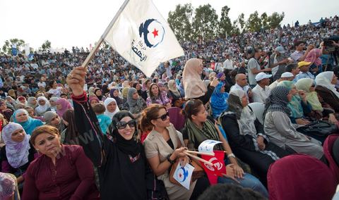 October 1, 2011, in Sidi Bouzid: A large rally organized by the Ennahdha Party to mark the first day of the campaign for the Constituent Assembly election on October 23. The Islamist Ennahdha Party chose Sidi Bouzid—the symbolic city of the revolution—as the site for its first campaign rally, attended by party leader Rached Ghannouchi, members of the party’s Executive Bureau, and several candidates from various regions across the country.