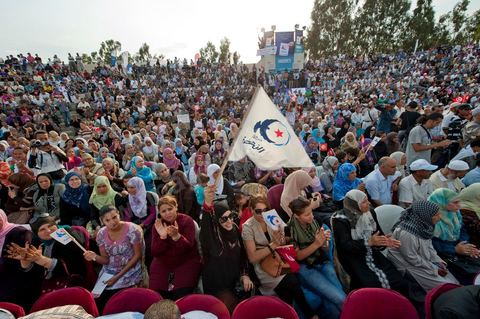 October 1, 2011, in Sidi Bouzid: A large rally organized by the Ennahdha Party to mark the first day of the campaign for the Constituent Assembly election on October 23. The Islamist Ennahdha Party chose Sidi Bouzid—the symbolic city of the revolution—as the site for its first campaign rally, attended by party leader Rached Ghannouchi, members of the party’s Executive Bureau, and several candidates from various regions across the country.