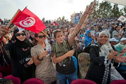 October 1, 2011, in Sidi Bouzid: A large rally organized by the Ennahdha Party to mark the first day of the campaign for the Constituent Assembly election on October 23. The Islamist Ennahdha Party chose Sidi Bouzid—the symbolic city of the revolution—as the site for its first campaign rally, attended by party leader Rached Ghannouchi, members of the party’s Executive Bureau, and several candidates from various regions across the country.