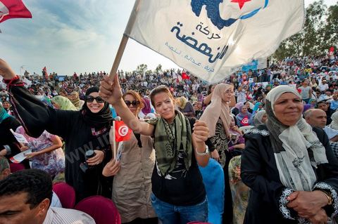 October 1, 2011, in Sidi Bouzid: A large rally organized by the Ennahdha Party to mark the first day of the campaign for the Constituent Assembly election on October 23. The Islamist Ennahdha Party chose Sidi Bouzid—the symbolic city of the revolution—as the site for its first campaign rally, attended by party leader Rached Ghannouchi, members of the party’s Executive Bureau, and several candidates from various regions across the country.
