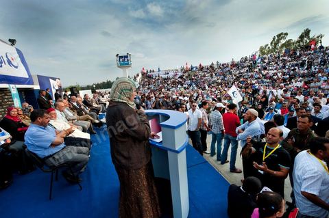 October 1, 2011, in Sidi Bouzid: A large rally organized by the Ennahdha Party to mark the first day of the campaign for the Constituent Assembly election on October 23. The Islamist Ennahdha Party chose Sidi Bouzid—the symbolic city of the revolution—as the site for its first campaign rally, attended by party leader Rached Ghannouchi, members of the party’s Executive Bureau, and several candidates from various regions across the country.