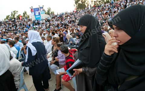 October 1, 2011, in Sidi Bouzid: A large rally organized by the Ennahdha Party to mark the first day of the campaign for the Constituent Assembly election on October 23. The Islamist Ennahdha Party chose Sidi Bouzid—the symbolic city of the revolution—as the site for its first campaign rally, attended by party leader Rached Ghannouchi, members of the party’s Executive Bureau, and several candidates from various regions across the country.