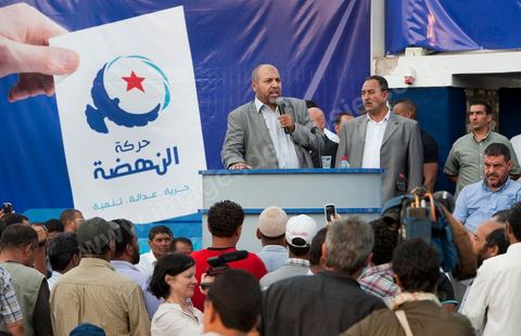 October 1, 2011, in Sidi Bouzid: A large rally organized by the Ennahdha Party to mark the first day of the campaign for the Constituent Assembly election on October 23. The Islamist Ennahdha Party chose Sidi Bouzid—the symbolic city of the revolution—as the site for its first campaign rally, attended by party leader Rached Ghannouchi, members of the party’s Executive Bureau, and several candidates from various regions across the country.