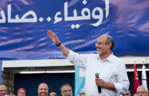 October 1, 2011, in Sidi Bouzid: A large rally organized by the Ennahdha Party to mark the first day of the campaign for the Constituent Assembly election on October 23. The Islamist Ennahdha Party chose Sidi Bouzid—the symbolic city of the revolution—as the site for its first campaign rally, attended by party leader Rached Ghannouchi, members of the party’s Executive Bureau, and several candidates from various regions across the country.