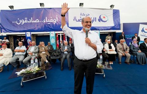 October 1, 2011, in Sidi Bouzid: Speech by Hamadi Jebali, Secretary-General of the Ennahda Party, at the party’s major rally on the first day of the campaign for the Constituent Assembly election on October 23. The Islamist Ennahda Party chose Sidi Bouzid—the symbolic city of the revolution—as the site for its first campaign rally, attended by party leader Rached Ghannouchi, members of the party’s Executive Bureau, and some candidates from the party’s slates across the country’s various regions.