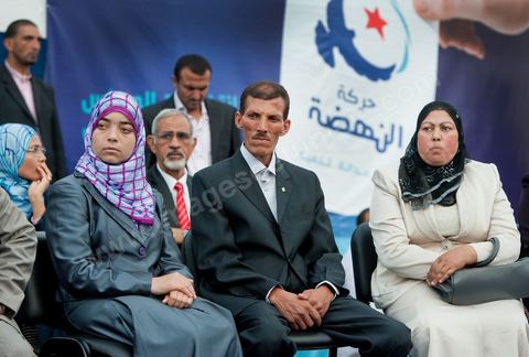 October 1, 2011, in Sidi Bouzid: A large rally organized by the Ennahdha Party to mark the first day of the campaign for the Constituent Assembly election on October 23. The Islamist Ennahdha Party chose Sidi Bouzid—the symbolic city of the revolution—as the site for its first campaign rally, attended by party leader Rached Ghannouchi, members of the party’s Executive Bureau, and several candidates from various regions across the country.