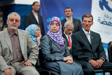 October 1, 2011, in Sidi Bouzid: A large rally organized by the Ennahdha Party to mark the first day of the campaign for the Constituent Assembly election on October 23. The Islamist Ennahdha Party chose Sidi Bouzid—the symbolic city of the revolution—as the site for its first campaign rally, attended by party leader Rached Ghannouchi, members of the party’s Executive Bureau, and several candidates from various regions across the country.