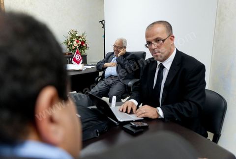 A few party members and candidates are accompanying Rached Ghannouchi. In the office of Rached Ghannouchi, president and founder of Ennahda, during the election night results at Ennahda’s party headquarters in Tunis. 