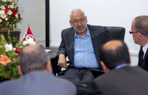A few party members and candidates are accompanying Rached Ghannouchi. In the office of Rached Ghannouchi, president and founder of Ennahda, during the election night results at Ennahda’s party headquarters in Tunis. 