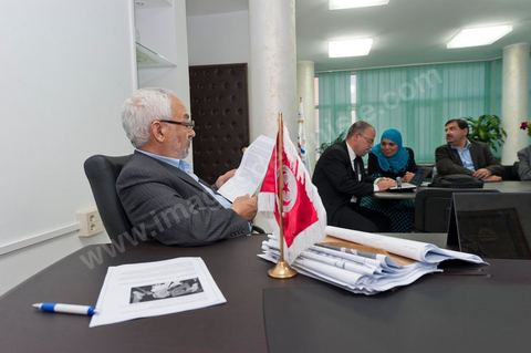 A few party members and candidates are accompanying Rached Ghannouchi. In the office of Rached Ghannouchi, president and founder of Ennahda, during the election night results at Ennahda’s party headquarters in Tunis. 