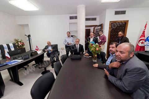 A few party members and candidates are accompanying Rached Ghannouchi. In the office of Rached Ghannouchi, president and founder of Ennahda, during the election night results at Ennahda’s party headquarters in Tunis. 