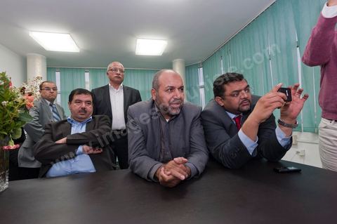 A few party members and candidates are accompanying Rached Ghannouchi. In the office of Rached Ghannouchi, president and founder of Ennahda, during the election night results at Ennahda’s party headquarters in Tunis. 