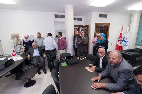 A few party members and candidates are accompanying Rached Ghannouchi. In the office of Rached Ghannouchi, president and founder of Ennahda, during the election night results at Ennahda’s party headquarters in Tunis. 