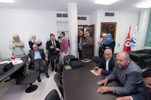 A few party members and candidates are accompanying Rached Ghannouchi. In the office of Rached Ghannouchi, president and founder of Ennahda, during the election night results at Ennahda’s party headquarters in Tunis. 
