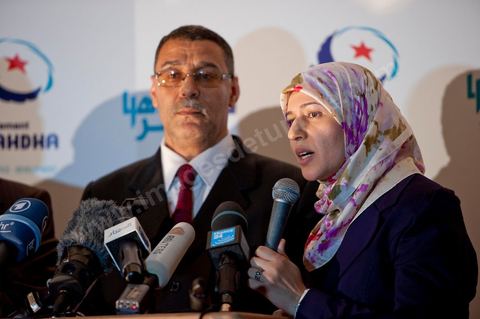 Ysor Ghannouchi, Rached's daughter, translated the press conference into English in front of the Ennahdha party headquarters; the crowd began to gather as soon as the official announcement of the preliminary results—which declared Ennahdha the winner—was made.