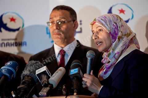 Ysor Ghannouchi, Rached's daughter, translated the press conference into English in front of the Ennahdha party headquarters; the crowd began to gather as soon as the official announcement of the preliminary results—which declared Ennahdha the winner—was made.