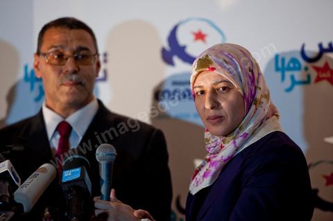 Ysor Ghannouchi, Rached's daughter, translated the press conference into English in front of the Ennahdha party headquarters; the crowd began to gather as soon as the official announcement of the preliminary results—which declared Ennahdha the winner—was made.