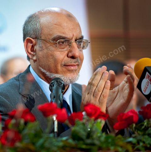 28 octobre : Hamadi Jebali, Secrétaire Général de Ennahdha lors de la conférence de presse du parti Ennahdha au lendemain des résultats officiels des élections pour la constituante remportée avec 41,5 % des voix pour Ennahdha.