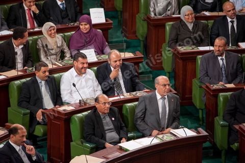 November 22, 2011: First meeting of the Constituent Assembly elected on October 23; during the second session, the only attendees were the elected representatives, with Mr. Hamadi Jebali, the future prime minister, and Moncef Marzouki, the future president of the Republic, seated side by side in the front row.