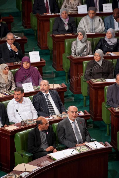 November 22, 2011: First meeting of the Constituent Assembly elected on October 23; during the second session, the only attendees were the elected representatives, with Mr. Hamadi Jebali, the future prime minister, and Moncef Marzouki, the future president of the Republic, seated side by side in the front row.